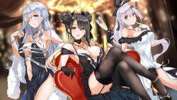  3girls agent_(girls&#039;_frontline) ak-12_(girls&#039;_frontline) ak-12_(quiet_azure)_(girls&#039;_frontline) black_dress black_gloves black_hair black_socks blue_dress bracelet breasts couch crossed_legs cup dress earrings five-seven_(girls&#039;_frontline) girls&#039;_frontline gloves grey_hair hair_ribbon high_heels holding holding_cup jewelry large_breasts lights long_hair multicolored_nails multiple_girls nail_polish navel necklace no_bra on_couch one_eye_closed open_clothes open_dress plunging_neckline purple_eyes ribbon ring sitting smile smiley_face socks standing takeno_(hashi_falcon) thighs white_dress white_gloves yellow_eyes zgmf_snow 
