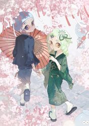  1boy 1girl absurdres cherry_blossoms commentary_request flower food from_above green_hair green_kimono grey_hair grey_hakama hair_flower hair_ornament hairclip hakama haori highres holding holding_food holding_hands holding_ice_cream holding_ice_cream_cone holding_umbrella ice_cream ice_cream_cone japanese_clothes jellyfish_(splatoon) kimono long_hair looking_back nintendo octoling octoling_boy octoling_girl octoling_player_character okobo outdoors red_eyes rongyu1029 sandals short_hair splatoon_(series) tentacle_hair thick_eyebrows umbrella walking yellow_eyes 