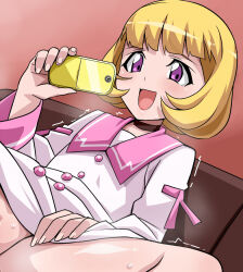  blonde_hair bottomless cellphone digimon kashiki_ai looking_at_another phone pink_hair sex smartphone 