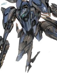  absurdres armored_core armored_core_6 glowing glowing_eyes green_eyes gun highres holding holding_gun holding_weapon mecha mecha_focus no_humans reverse-jointed_legs robot science_fiction solo solokov_(okb-999) steel_haze v.iv_rusty weapon wolf_print 