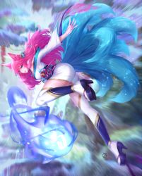 1girl absurdres ahri_(league_of_legends) animal_ear_fluff animal_ears ass bell bent_over blue_eyes breasts fox_ears fox_girl fox_tail hair_bell hair_between_eyes hair_ornament hand_on_own_thigh high_heel_sandals high_heels highres japanese_clothes kimono league_of_legends long_hair medium_breasts multiple_tails nail_polish pink_hair platform_footwear sandals solo spirit_blossom_ahri tail rating:Sensitive score:20 user:twilight_jester