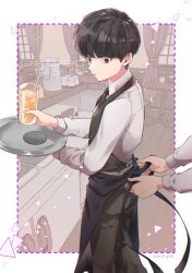  1boy barista black_hair bowl_cut collared_shirt curtains drinking_straw glass highres juice kageyama_shigeo kitchen long_sleeves maa_ohg male_focus mob_psycho_100 muntins open_mouth out_of_frame outside_border pants shirt short_hair white_shirt 