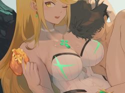  1boy 1girl blonde_hair breasts brown_hair choker cleavage earrings food hand_on_another&#039;s_head hetero jewelry large_breasts mythra_(xenoblade) nintendo one-piece_swimsuit one_eye_closed rex_(xenoblade) smile swimsuit wangxiii wet wet_clothes wink xenoblade_chronicles_(series) xenoblade_chronicles_2 yellow_eyes  rating:Questionable score:35 user:Terran117