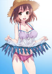  1girl breasts brown_eyes brown_hair cleavage clothes_lift dress dress_lift hat hataraku_maou-sama! highres large_breasts looking_at_viewer matsuryuu panties sasaki_chiho see-through short_hair skirt skirt_lift smile solo straw_hat sundress swimsuit swimsuit_under_clothes underwear  rating:Questionable score:35 user:danbooru