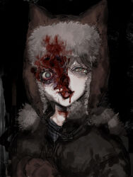  1boy animal_ears animal_hat black_background black_coat bleeding blood blood_on_clothes blood_on_face blood_on_neck brown_gloves brown_hair brown_hat cat_ears coat cuts deep_wound fur-trimmed_coat fur-trimmed_headwear fur_hat fur_trim gloves grey_eyes guro hands_up hat highres injury jiz_(pffbq) looking_at_viewer male_focus original short_hair smile solo swollen tongue tongue_out uneven_eyes upper_body ushanka 
