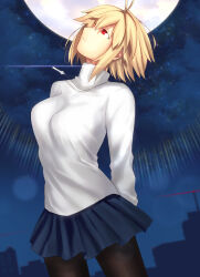  1girl ahoge arcueid_brunestud arms_behind_back black_pantyhose blonde_hair blue_skirt breasts closed_mouth commentary_request cowboy_shot full_moon hair_between_eyes highres iro_(sekaixiro) jewelry large_breasts long_sleeves miniskirt moon necklace night night_sky outdoors pantyhose pleated_skirt red_eyes short_hair skirt sky smile solo standing star_(sky) starry_sky sweater translation_request tsukihime tsukihime_(remake) turtleneck type-moon  rating:Sensitive score:4 user:danbooru