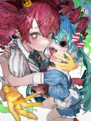  absurdres apron black_eyes blue_dress blue_eyes bow dress drill_hair empty_eyes foreshortening from_above gaku gloves hair_bow hatsune_miku highres hug kasane_teto looking_at_viewer mesmerizer_(vocaloid) open_mouth pink_eyes pink_hair puffy_short_sleeves puffy_sleeves sharp_teeth shirt short_sleeves single_empty_eye sparkling_eyes striped_bow striped_clothes striped_shirt teeth tongue tongue_out twin_drills twintails utau visor_cap vocaloid waitress white_apron yellow_gloves 