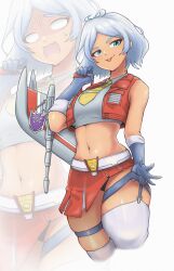  1girl absurdres blue_eyes blue_gloves cosplay cropped_shirt cropped_vest dark-skinned_female dark_skin gloves grey_hair grey_shirt gundam gundam_suisei_no_majo highres kotobukiya_bishoujo midriff navel necktie open_mouth parted_bangs red_vest secelia_dote shirt short_hair skindentation sleeveless sleeveless_shirt smile solo_focus starscream starscream_(kotobukiya_bishoujo) starscream_(kotobukiya_bishoujo)_(cosplay) thigh_strap thighhighs tongue tongue_out transformers uncleduk vest white_thighhighs yellow_necktie 