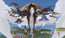  1girl apple bitten_apple black_hair black_lips blue_hair blue_sky closed_eyes colored_skin day elpis_(ff14) facing_viewer feathered_wings final_fantasy final_fantasy_xiv floating_hair floating_head floating_island food food_bite from_above fruit fruit_tree giant giantess grey_skin head_wings hollow_eyes meteion monster_girl multiple_wings one_eye_closed outdoors plant_girl pydiyudie roots rotten scenery short_hair sky surreal the_endsinger tree water white_skin white_wings wings 