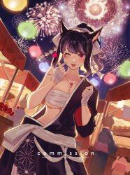  animal_ears bandaged_hand bandages black_hair black_kimono blush bow breasts cat_ears cat_girl chest_sarashi cleavage commission crescent crescent_earrings earrings facial_mark final_fantasy final_fantasy_xiv fireworks hair_bow hanging_lantern high_ponytail highres japanese_clothes jewelry kimono lalafell lantern large_breasts long_hair looking_at_viewer miqo&#039;te necklace one_eye_closed open_mouth paper_lantern pointing pointing_at_self red_eyes sarashi single_bare_shoulder single_earring single_off_shoulder smile sumustard viera warrior_of_light_(ff14) white_bow 
