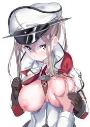  10s 1girl blonde_hair blush grabbing_another&#039;s_breast breasts breasts_out deep_skin etonato grabbing graf_zeppelin_(kancolle) guided_breast_grab guiding_hand hair_between_eyes hat kantai_collection large_breasts long_hair looking_at_viewer maji_(etonato) nipples pov solo_focus twintails 