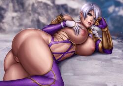  1girl ass bandai_namco blue_eyes boots breasts female_focus flowerxl gloves highres isabella_valentine large_breasts looking_at_viewer nipples pussy short_hair solo soul_calibur thighhighs video_game_character white_hair 