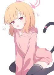  1girl absurdres between_legs black_tail black_thighhighs blonde_hair blue_archive blunt_bangs blush cat_tail commentary fake_tail gradient_hair hagoonha halo hand_between_legs head_tilt highres hood hood_down hoodie leaning leaning_forward light_blush long_sleeves looking_at_viewer medium_hair momoi_(blue_archive) multicolored_hair open_mouth parted_bangs pink_halo pink_hoodie red_eyes simple_background sitting sleeves_past_wrists solo tail tail_raised thighhighs wariza white_background 