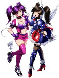  2girls absurdres armor black_hair bloody_roar bloody_roar_3 blue_armor breasts brown_eyes commission commissioner_upload covered_erect_nipples crop_top crossover danmakuman fighting_vipers fighting_vipers_2 fingerless_gloves frills full_body gloves high_heels highres honey_(fighting_vipers) huge_filesize jacket large_breasts medium_breasts multiple_girls purple_hair red_eyes ribbon sega shoes sneakers thighhighs tsukagami_alice twintails white_gloves wings 