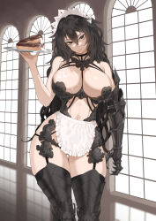  1girl apron black_eyes black_hair black_thighhighs borrowed_character bread breasts commentary cowboy_shot cream english_commentary executioner_maid_(centuriic) food frilled_apron frills hair_between_eyes highres holding holding_tray indoors large_breasts long_hair looking_at_viewer maid maid_apron maid_headdress navel original reflection solo standing thighhighs throtem tray waist_apron white_apron window 