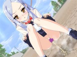  ass blue_hair censored collar crossdressing leash lowres nervous outdoors panties panty_pull peeing public_indecency squatting trap underwear  rating:Questionable score:17 user:eizzehc