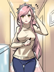  1girl aono_shimo bad_id bad_pixiv_id breasts brown_eyes crown denim fate/grand_order fate_(series) hallway hand_on_head highres jeans lips long_hair looking_at_viewer medb_(fate) medb_(fate) aged_up pants parted_lips pink_hair sketch solo sweater thigh_gap very_long_hair  rating:Sensitive score:34 user:danbooru