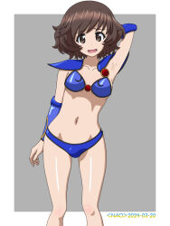  1girl akiyama_yukari armor armpits bikini_armor breasts brown_eyes brown_hair dated girls_und_panzer grey_background highres looking_at_viewer naotosi navel open_mouth presenting_armpit short_hair signature simple_background small_breasts smile solo 