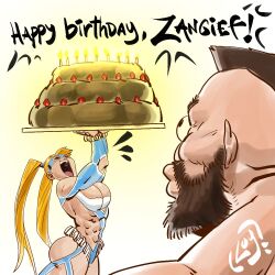  1boy 1girl abs arms_up ass beard birthday_cake blonde_hair breasts brown_hair cake cleavage closed_mouth domino_mask facial_hair food frills happy_birthday large_breasts logsarcadecab long_hair mask muscular muscular_female obliques open_mouth presenting rainbow_mika revealing_clothes simple_background street_fighter street_fighter_v surprised twintails very_long_hair white_background wrestling_outfit zangief 