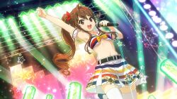  1girl 22/7 22/7_ongaku_no_jikan alternate_hair_ornament arm_up belt black_belt brown_eyes brown_hair clenched_hand concert cowboy_shot dutch_angle from_below game_cg glowstick hair_ribbon high_side_ponytail highres holding holding_microphone idol idol_clothes leg_up lens_flare light_particles long_hair looking_at_viewer microphone navel non-web_source official_art open_mouth outstretched_arm pleated_skirt red_ribbon ribbon sailor_collar skirt smile solo sparkle stage_lights standing standing_on_one_leg teeth thighhighs toda_jun upper_teeth_only white_sailor_collar white_thighhighs yellow_ribbon 