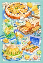  absurdres aqua_border blueberry border box cake cake_slicer candy coaster cocktail_umbrella cookie cream cup drinking_glass drinking_straw eclair_(food) english_text engrish_text flower food food_focus fruit garnish gelatin highres ice ice_cream ice_cream_float ice_cube jug_(bottle) lemon lemon_blossoms lemon_slice lime_(fruit) lime_slice macaron mint original outside_border paper plate pound_cake ranguage saigasai still_life table tart_(food) tray white_flower wooden_table wooden_tray 
