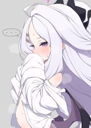 ... 1girl ahoge blue_archive blush buttons from_side gamuo grey_background hina_(blue_archive) long_hair navel profile purple_eyes shirt simple_background solo spoken_ellipsis upper_body very_long_hair white_hair white_shirt wings rating:Sensitive score:25 user:danbooru