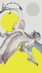  animal_focus beak bell bird_wings blue_horns bul_(moiko) claws commission curled_horns feathered_wings full_body grey_background griffin highres horns looking_ahead no_humans original purple_eyes spread_wings tail tail_bell tail_ornament tassel two-tone_background wings yellow_background 