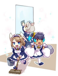  3girls :d alternate_costume animal_ear_fluff animal_ears apron bag blue_dress blue_eyes blue_hair broom brown_eyes brown_hair bucket cat_ears cat_girl cleaning clearb01 commentary_request deformed dress enmaided eunie_(xenoblade) fiery_hair frilled_dress frills grey_hair head_wings holding holding_bag holding_broom indoors maid maid_apron maid_headdress medium_hair mio_(xenoblade) multiple_girls open_mouth running sena_(xenoblade) side_ponytail smile sparkle standing white_apron wings xenoblade_chronicles_(series) xenoblade_chronicles_3 yellow_eyes 