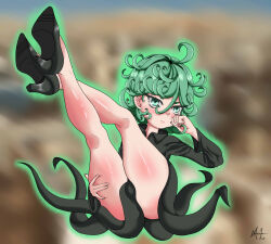 1girl angry dress floating green_eyes green_hair high_heels highres maoricl one-punch_man short_hair tatsumaki thick_thighs thighs 