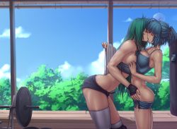 2girls ahoge alternate_hairstyle arched_back ass asymmetrical_legwear barbell black_gloves blue_hair breast_press breasts butt_crack closed_eyes clothes_pull cloud cloudy_sky cowboy_shot crop_top day fingerless_gloves french_kiss from_side gloves green_hair gym hair_ornament hair_ribbon hairclip hakurei_reimu half_updo hater_(hatater) indoors kiss kochiya_sanae large_breasts leaning_forward long_hair midriff multiple_girls muscular muscular_female photo_(object) punching_bag ribbon shameimaru_aya short_shorts shorts shorts_pull sideboob sky sports_bra standing sweat symmetrical_docking tatara_kogasa thighhighs toned touhou towel tree undressing uneven_legwear weights white_legwear wind_chime wooden_floor yuri rating:Questionable score:232 user:danbooru