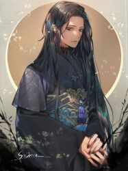  1boy absurdres artist_name bamboo bishounen black_eyes black_hair black_nails black_robe black_sash brown_background chinese_clothes closed_mouth curtained_hair ear_covers earrings embroidery gold_trim grey_background hanfu highres jewelry light_smile long_hair long_sleeves looking_at_viewer male_focus nail_polish original own_hands_together parted_bangs robe sash single_earring solo soono_(rlagpfl) splatter_print tassel tassel_earrings two-tone_background upper_body v_arms wide_sleeves 