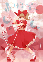  1girl bow candy candy_cane dress food gloves hair_bow hanaji kyary_pamyu_pamyu looking_at_viewer mary_janes open_mouth ponponpon shoes side_ponytail smile solo 