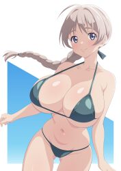  1girl absurdres bikini blue_eyes braid breasts brown_hair cleavage closed_mouth cowboy_shot gluteal_fold green_bikini green_ribbon hair_intakes hair_ribbon halterneck highres huet-pc large_breasts looking_at_viewer lynette_bishop navel off_shoulder ponytail ribbon simple_background smile solo strike_witches swimsuit underboob world_witches_series  rating:Sensitive score:8 user:danbooru