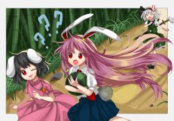 3girls ? ?? anger_vein animal_ears bamboo bamboo_forest black_hair closed_eyes dirt_road forest highres inaba_tewi katana keiki8296 konpaku_youmu long_hair looking_at_viewer medium_hair multiple_girls nature one_eye_closed open_mouth path purple_hair rabbit_ears rabbit_tail red_eyes reisen_udongein_inaba road sheath sheathed sword tail touhou very_long_hair weapon