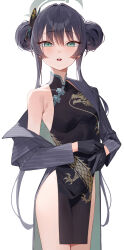  1girl absurdres black_dress black_gloves black_hair blue_archive blue_eyes breasts butterfly_hair_ornament china_dress chinese_clothes coat cowboy_shot double_bun dragon_print dress gdd_(vkejr702) gloves hair_bun hair_ornament halo highres kisaki_(blue_archive) long_hair looking_at_viewer open_mouth pelvic_curtain print_dress short_dress simple_background single_bare_shoulder small_breasts solo trench_coat twintails very_long_hair white_background 