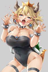 1girl absurdres bare_shoulders black_leotard blonde_hair blue_eyes blue_gemstone bowsette bracelet breasts breath_weapon breathing_fire brooch cameltoe claw_pose cleavage collar collarbone commentary_request covered_navel cowboy_shot earrings fang fingernails fire gem grey_background hair_between_eyes highleg highleg_leotard highres hip_focus horns jewelry kntrs_(knyrs) large_breasts leotard long_hair looking_at_viewer mario_(series) new_super_mario_bros._u_deluxe nintendo open_mouth pointy_ears ponytail saliva scowl sharp_fingernails shiny_clothes shiny_skin sidelocks simple_background solo spiked_bracelet spiked_collar spikes super_crown teeth thick_eyebrows thigh_strap thighs wind rating:Sensitive score:31 user:danbooru