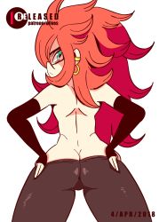  1girl android_21 animated animated_gif anus artist_name ass black-framed_eyewear black_gloves black_pants blue_eyes blush butt_crack cleft_of_venus clothes_pull diives dragon_ball dragon_ball_fighterz earrings elbow_gloves female_focus fingerless_gloves from_behind glasses gloves half-closed_eyes highres jewelry legs_apart long_hair looking_at_viewer looking_back open_mouth pants pants_pull patreon_logo patreon_username presenting_pussy red_hair simple_background solo standing tattoo text_focus topless uncensored watermark web_address white_background  rating:Explicit score:271 user:AngryZapdos