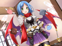  &gt;_&lt; 1girl 20nigu :3 angeling archangeling black_gloves black_thighhighs blue_hair boobplate breastplate commentary_request commission cowboy_shot dragon_knight_(ragnarok_online) dutch_angle fake_wings gauntlets ghost ghostring gloves green_eyes halo indoors looking_at_viewer medium_bangs miniskirt open_mouth paid_reward_available pleated_skirt purple_shirt purple_skirt purple_wings ragnarok_online red_scarf red_wings scarf shirt short_hair signature skeb_commission skeggiold_(ragnarok_online) skirt slime_(creature) smile teeth thighhighs upper_teeth_only window wings 