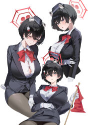  1girl absurdres animal_ears black_hair black_hat black_jacket black_skirt blue_archive blush bow bowtie breasts cleavage collared_shirt flag gloves halo hat highres holding holding_flag huge_breasts jacket long_sleeves multiple_views official_alternate_costume pantyhose pencil_skirt red_bow red_bowtie red_halo runfufu shirt short_hair simple_background sitting skirt tour_guide tsubaki_(blue_archive) tsubaki_(guide)_(blue_archive) white_background white_gloves white_shirt 