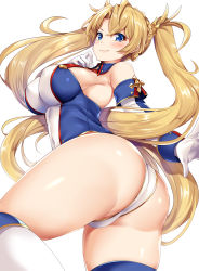  1girl ass bare_shoulders blonde_hair blue_eyes blush boots bradamante_(fate) bradamante_(first_ascension)_(fate) braid breasts closed_mouth covered_navel curvy elbow_gloves fate/grand_order fate_(series) french_braid gloves hair_between_eyes highleg highleg_leotard hinata_sora hip_focus huge_ass knee_boots large_breasts leotard long_hair looking_at_viewer sideboob simple_background smile solo thick_thighs thighs twintails very_long_hair white_background white_gloves wide_hips  rating:Sensitive score:37 user:danbooru