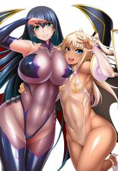 00s 2girls :d aoi_nagisa_(metalder) aqua_eyes bare_legs bare_shoulders black_hair blonde_hair blue_eyes blush breasts covered_collarbone covered_erect_nipples curvy dark-skinned_female dark_skin elbow_gloves female_focus fingernails futaba_lili_ramses gloves green_eyes grin halterneck hand_on_another&#039;s_head head_tilt high_heels highres hug impossible_clothes large_breasts legs leotard lilith-soft long_fingernails long_hair looking_at_viewer magical_girl mature_female morino_yuuko multiple_girls navel nipples open_mouth parted_lips puffy_nipples salute see-through see-through_leotard shiny_skin simple_background skin_tight small_breasts smile sweat taimanin_(series) taimanin_asagi taimanin_asagi_kessen_arena teeth tentacle_and_witches thighs thong_leotard twintails two_side_up v very_long_hair white_background wide_hips rating:Questionable score:210 user:fakyuh