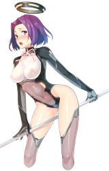 00s 10s 1girl :o adapted_costume alternate_costume between_legs blush bodysuit breasts covered_erect_nipples covered_navel cropped_legs embarrassed female_focus from_side glaive_(polearm) gloves glowing grey_thighhighs groin hair_intakes halo highleg highleg_leotard highres holding holding_weapon impossible_clothes impossible_leotard kantai_collection large_breasts leaning_forward leotard looking_at_viewer mechanical_halo neck_ribbon neon_trim ninja nipples no_bra nose_blush open_mouth polearm purple_eyes purple_hair raised_eyebrows ribbon see-through shiny_clothes shiny_skin short_hair simple_background skin_tight solo standing taimanin_(series) taimanin_asagi taimanin_suit tatsuta_(kancolle) thighhighs thighs turtleneck uyu_(keyakinoki) weapon white_background rating:Questionable score:79 user:danbooru