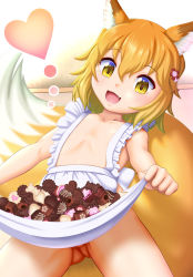  1girl :d animal_ear_fluff animal_ears apron apron_lift blonde_hair bottomless candy chocolate chocolate_heart cleft_of_venus clothes_lift cowboy_shot ebi_daruma fang female_focus flat_chest food fox_ears fox_girl fox_tail frilled_apron frills from_below gluteal_fold hair_between_eyes hair_ornament heart highres holding holding_chocolate holding_food indoors lifted_by_self loli looking_at_viewer naked_apron open_mouth senko_(sewayaki_kitsune_no_senko-san) sewayaki_kitsune_no_senko-san smile solo tail white_apron yellow_eyes 