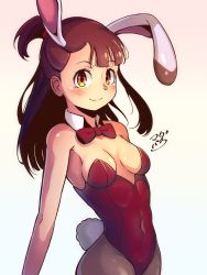 1girl absurdres animal_ears bare_shoulders blunt_bangs blush bow bowtie breasts brown_eyes brown_hair closed_mouth commentary cowboy_shot detached_collar english_commentary fake_animal_ears gradient_background highres kagari_atsuko leotard little_witch_academia long_hair looking_at_viewer madabau medium_breasts pantyhose playboy_bunny rabbit_ears rabbit_tail red_bow red_bowtie red_leotard signature smile solo tail rating:Sensitive score:36 user:danbooru