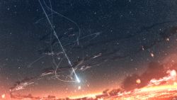 cloud cloudy_sky commentary_request highres night no_humans original outdoors rune_xiao scenery shooting_star sky star_(sky) starry_sky rating:General score:7 user:danbooru