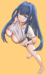  1girl absurdres ass barefoot blue_eyes blue_hair blue_panties breasts clothes_lift fang grin hair_intakes highres hololive hololive_english honkivampy large_breasts looking_at_viewer ouro_kronii panties shirt shirt_lift smile solo sweat underboob underwear virtual_youtuber white_shirt yellow_background 