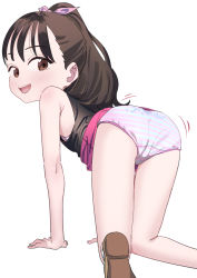  1girl all_fours ame_wo_tsugeru_hyouryuu_danchi ass ass_focus ass_shake back-print_panties black_hair blush brown_eyes character_request copyright_request female_focus from_behind haba_reina highres loli looking_at_viewer looking_back panties ponyara_ta ponytail print_panties purple_skirt ribbon shoes simple_background skirt sleeveless smile solo striped_clothes striped_panties underwear white_background  rating:Questionable score:348 user:ponekad
