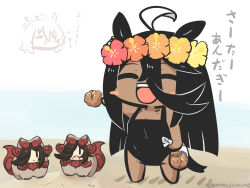  4girls :&gt; :&lt; :d :o ^_^ agnes_tachyon_(umamusume) ahoge animal_ears bag bare_arms bare_legs bare_shoulders barefoot black_one-piece_swimsuit blush_stickers breasts brown_footwear chibi closed_eyes collarbone fangs flower flower_wreath food food_request goma_(gomasamune) head_wreath highres holding holding_bag holding_food horse_ears horse_girl horse_tail manhattan_cafe_(umamusume) multiple_girls one-piece_swimsuit open_mouth orange_flower parted_lips plastic_bag red_flower rice_shower_(umamusume) simple_background small_breasts smile standing swimsuit tail tan teeth translation_request triangle_mouth twitter_username umamusume upper_teeth_only white_background yellow_flower |_| 