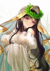  10s 1girl bare_shoulders black_hair bodysuit breasts bridal_veil cleavage closed_mouth commentary_request cosplay detached_sleeves earrings fate/extra fate/extra_ccc fate/grand_order fate_(series) full-length_zipper head_wreath ishtar_(fate) jewelry leotard lock long_hair looking_at_viewer nero_claudius_(bride)_(fate) nero_claudius_(bride)_(fate)_(cosplay) nero_claudius_(bride)_(third_ascension)_(fate) nero_claudius_(fate) nero_claudius_(fate)_(all) padlock puffy_sleeves red_eyes simple_background smile solo veil white_background white_bodysuit white_leotard yaoshi_jun zipper zipper_pull_tab  rating:Sensitive score:10 user:wishington