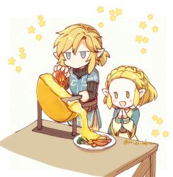  1boy 1girl blonde_hair blue_eyes blue_shirt braid broccoli champion&#039;s_tunic_(zelda) cheese cheese_wheel chibi commentary crown_braid diagonal_striped_background fire food green_eyes holding holding_knife kaidou_mitsuki knife link nintendo open_mouth own_hands_together plate pointy_ears princess_zelda raclette shirt short_ponytail sidelocks sitting standing symbol-only_commentary table the_legend_of_zelda the_legend_of_zelda:_tears_of_the_kingdom 